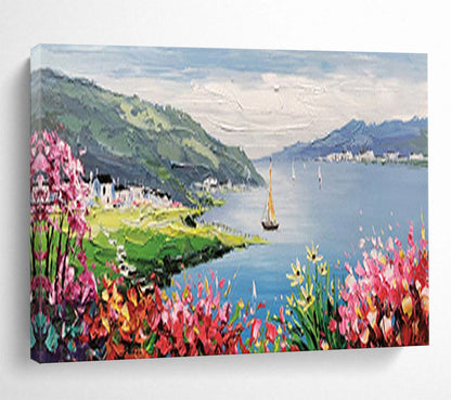 Lakeside Village with Blossoms - Impressionist Landscape Painting On Canvas DLZ209