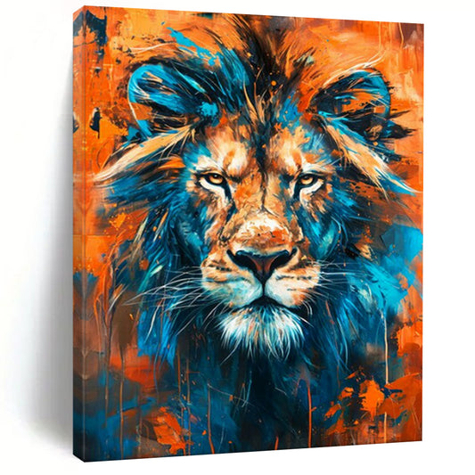 “Vibrant Lion Portrait” - Blue, Orange Dynamic Animal Painting On Canvas CT2212