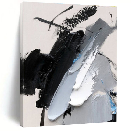 Black, Gray, White & Blue Abstract Strokes, “Chilled Dynamism” - Impasto Abstract Painting CT0777