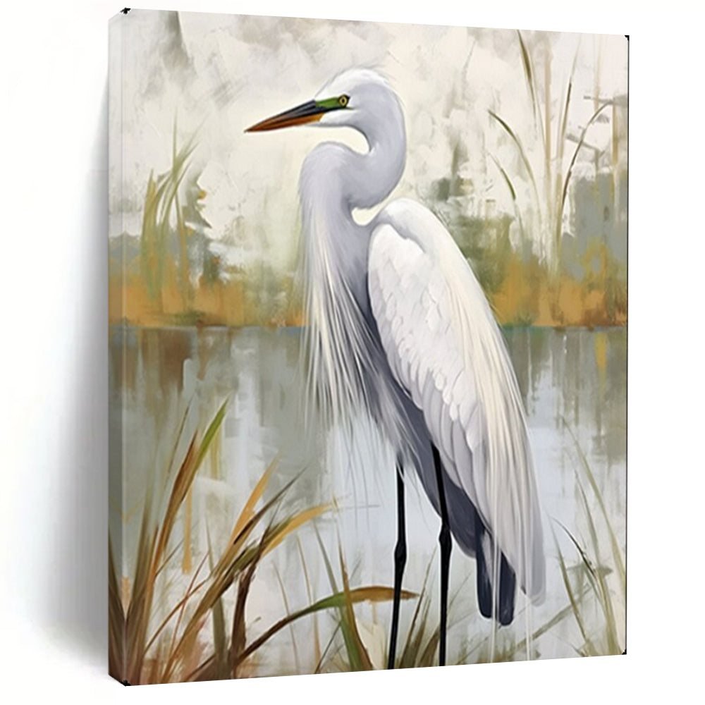 “Serene White Egret in Wetlands” – Realistic Bird Oil Painting On Canvas CT2127