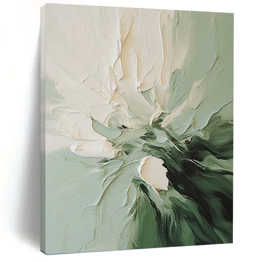 “Green & White Floral Impasto” - Green & White Textured Flower Painting On Canvas DKH1185