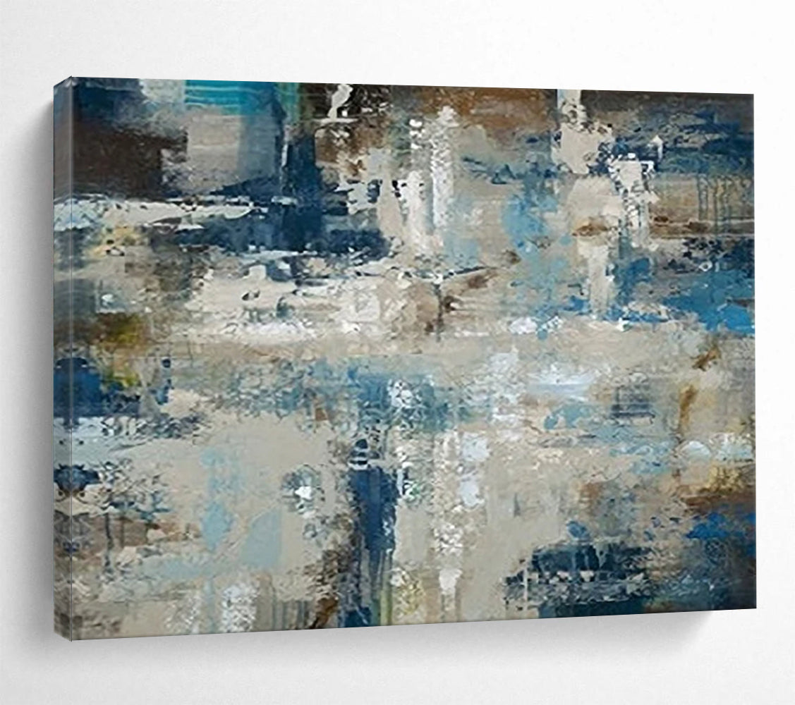 “Blue, Gray, Abstract Scene ‘Urban Coastal Fusion’” - Abstract Cityscape Painting On Canvas DLZ036