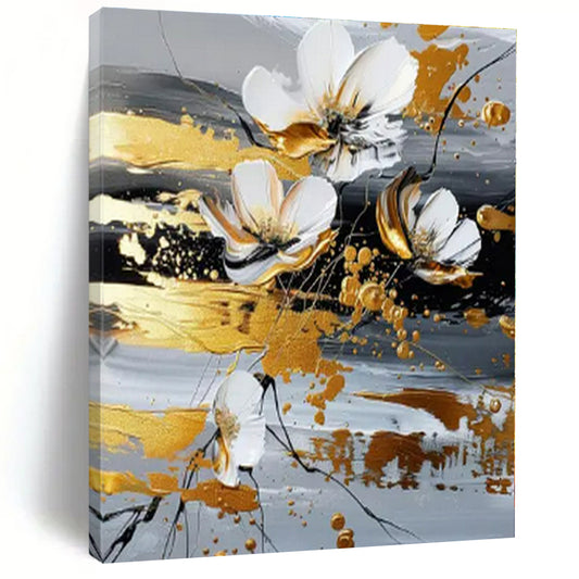 Gold - Accented White Flowers II - Abstract Floral Mixed - Media CT1255