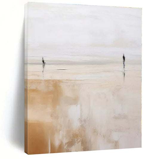Two Figures on Beige Horizon - Minimalist Abstract Oil On Canvas CT1313