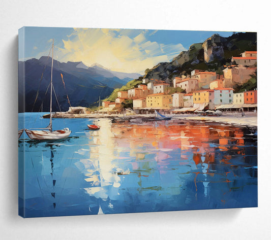 Coastal Village - Bright Blue & Warm Orange Impressionistic Town Painting On Canvas DKH877