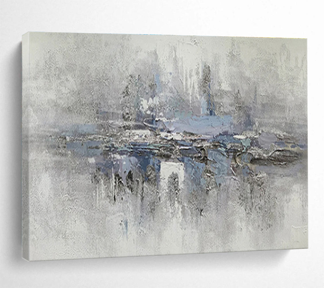 “Gray & Blue Misty Reflection” Abstract Landscape Painting On Canvas DKH349