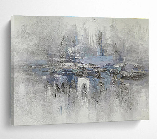 “Gray & Blue Misty Reflection” Abstract Landscape Painting On Canvas DKH349