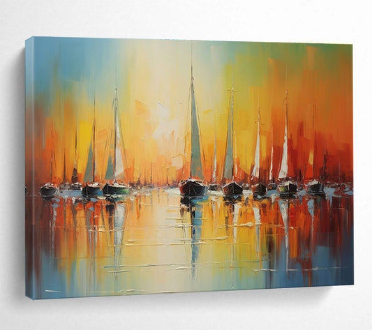 “Sunset Harbor - Vibrant Orange & Blue Sailboats Painting On Canvas” DKH864