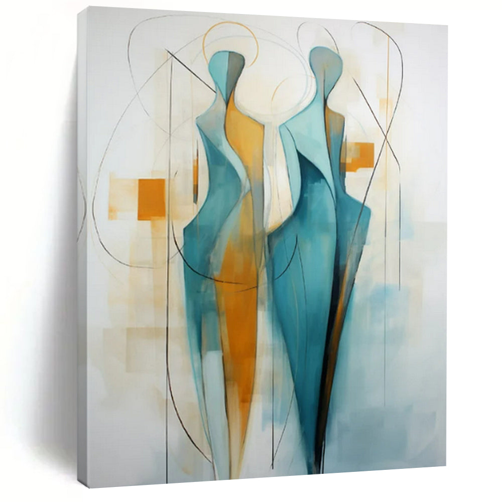 “Abstract Figures 2” - Blue, Orange & White Abstract Painting On Canvas CT2234