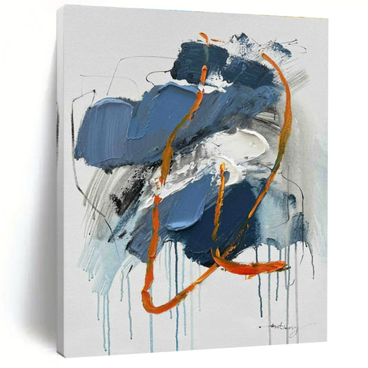 “Blue - Orange - White Dynamic Drips” ，Abstract Acrylic Painting CT0807
