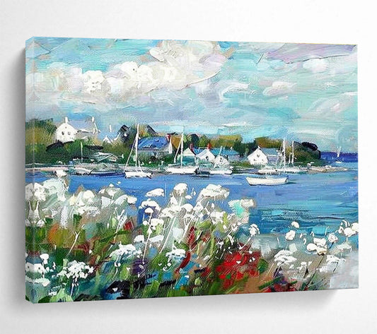“Colorful Harbor Scene” Impressionist Oil Painting On Canvas DKH450