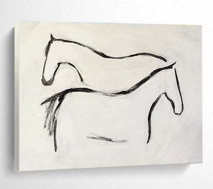 “Ink - Drawn Equine Silhouettes” - Black, White Minimalist Horse Painting On Canvas DKH751