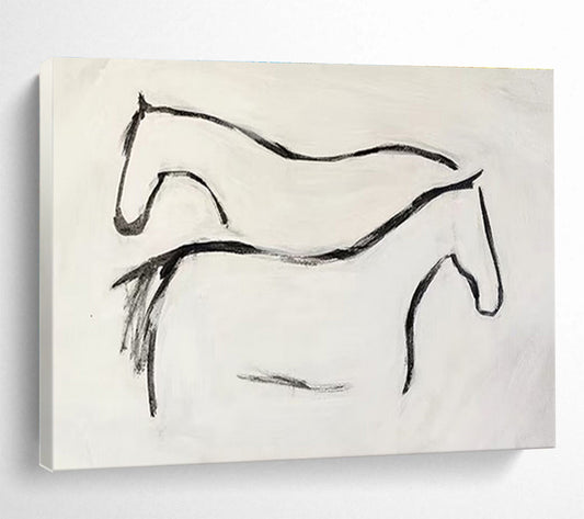 “Ink - Drawn Equine Silhouettes” - Black, White Minimalist Horse Painting On Canvas DKH751