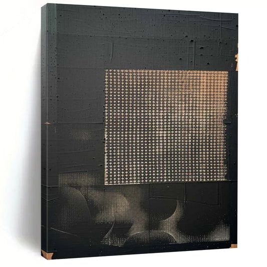 “Black - Gold Grid Abstract” - Black, Gold, Gray Minimalist Abstract Painting On Canvas DTP306