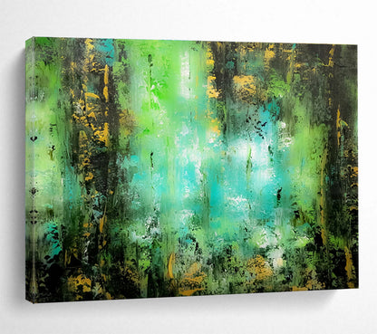 “Emerald & Gold Forest Whispers” - Green, Blue & Yellow Abstract Landscape Painting On Canvas DKH921