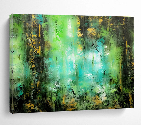 “Emerald & Gold Forest Whispers” - Green, Blue & Yellow Abstract Landscape Painting On Canvas DKH921