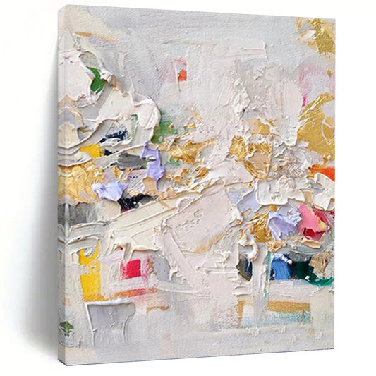“Colorful Impasto Collage” - White, Gold, Purple, Pink & Yellow Vibrant Textured Painting On Canvas DKH1027
