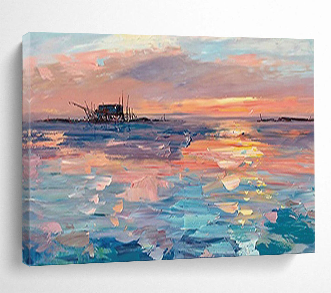 Sunset Over the Fishing Village - Impressionist Seascape Painting On Canvas DLZ205