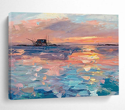 Sunset Over the Fishing Village - Impressionist Seascape Painting On Canvas DLZ205