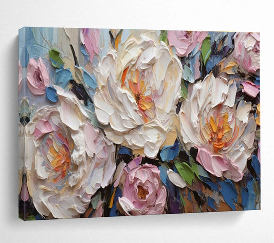 Textured Peony Blooms - Pink, White & Blue Floral Painting On Canvas DKH891