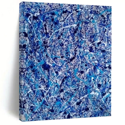 “Chaotic Blue Web” - Blue, White, and Black Abstract Drip Painting On Canvas DKH1560