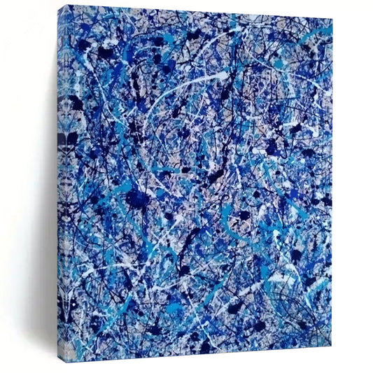 “Chaotic Blue Web” - Blue, White, and Black Abstract Drip Painting On Canvas DKH1560