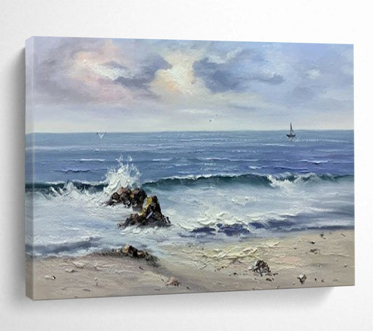 Seascape with Waves and Sailboat - Realist Seascape Painting On Canvas DLZ190