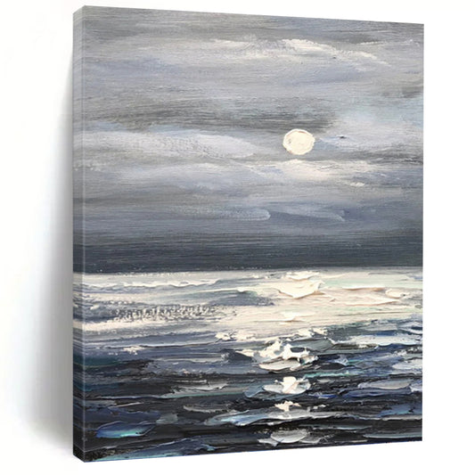 Moonlit Ocean in Gray and Blue - Impressionistic Seascape Painting On Canvas DKH1293