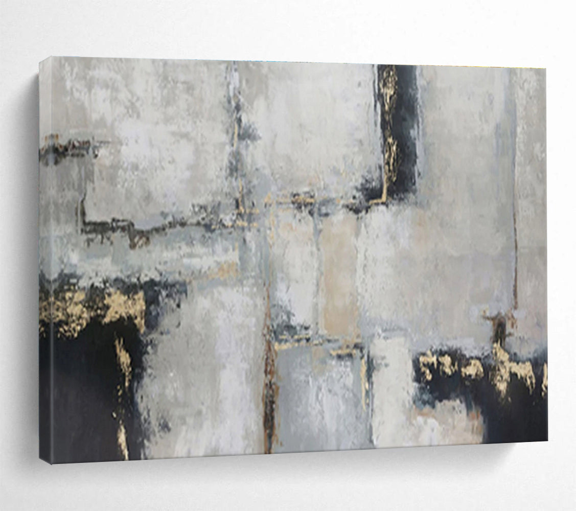 “Gray, Black & Gold Geometric Abstraction” Abstract Textured Painting On Canvas DKH351