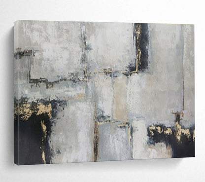 “Gray, Black & Gold Geometric Abstraction” Abstract Textured Painting On Canvas DKH351