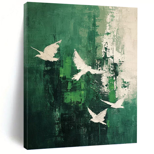 White Doves on Green Abstract - Abstract Painting On Canvas DKH1311