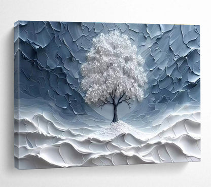 “White Tree in Textured Blue” - Minimalist Impasto Painting On Canvas DKH829