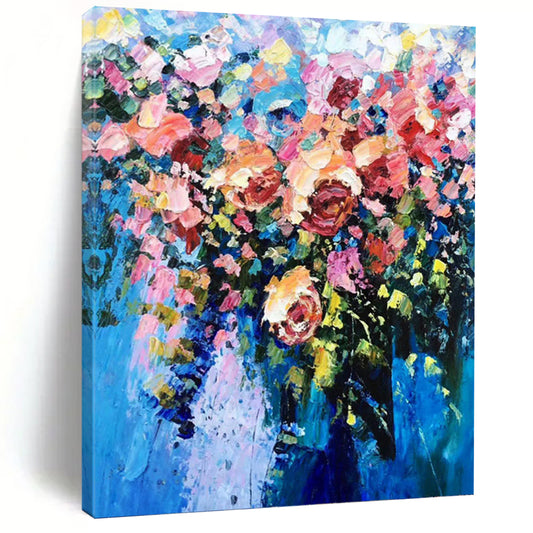Vibrant Floral Bouquet in Blue Vase - Impasto Flower Painting On Canvas DKH1349