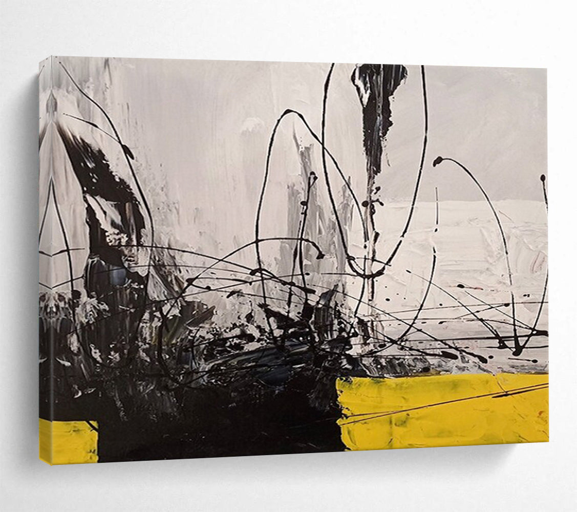 “Black, White, Yellow Gestural ‘Dynamic Dissonance’” - Abstract Gestural Painting On Canvas DLZ008