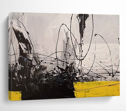 “Black, White, Yellow Gestural ‘Dynamic Dissonance’” - Abstract Gestural Painting On Canvas DLZ008