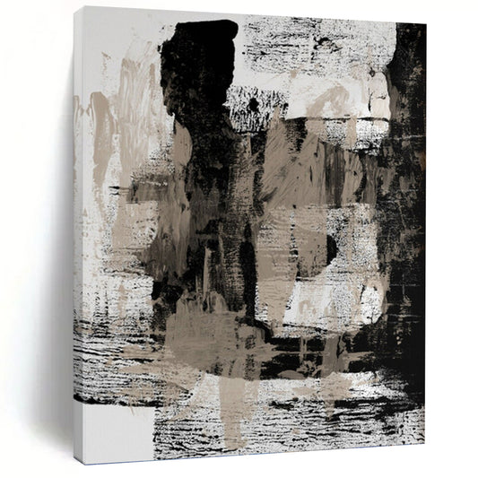 “Monochrome Abstract Layers” - Black, White & Beige Textured Painting On Canvas DKH0967