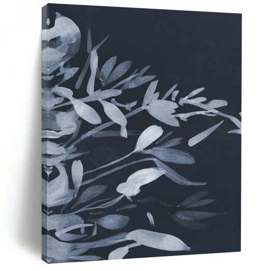 “Monochrome Floral Silhouette” - Dark Blue, Light Blue Floral Painting On Canvas DTP239