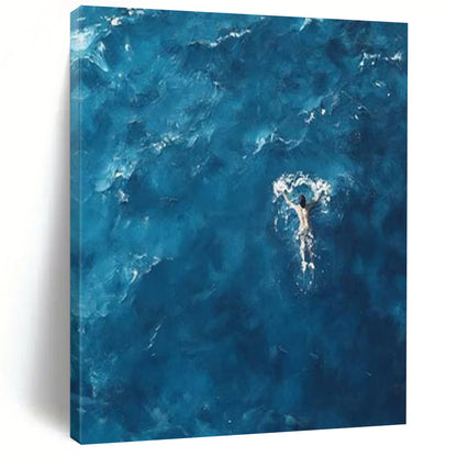 “Solitary Swimmer in Azure Sea” – Minimalist Seascape Painting CT1065