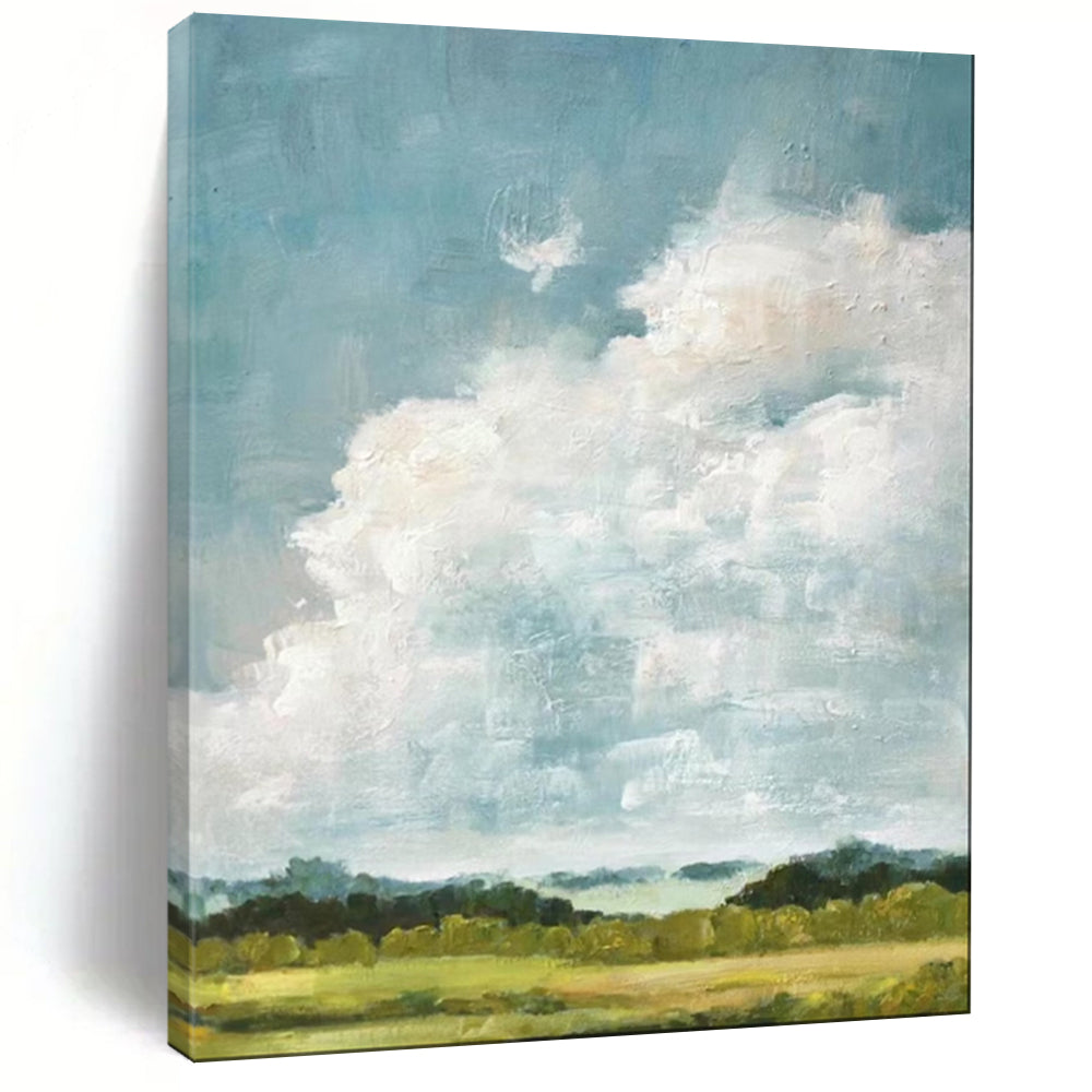 “Sky’s Embrace: Fluffy Clouds Over Fields” - Impasto Landscape Oil on Canvas CT1878