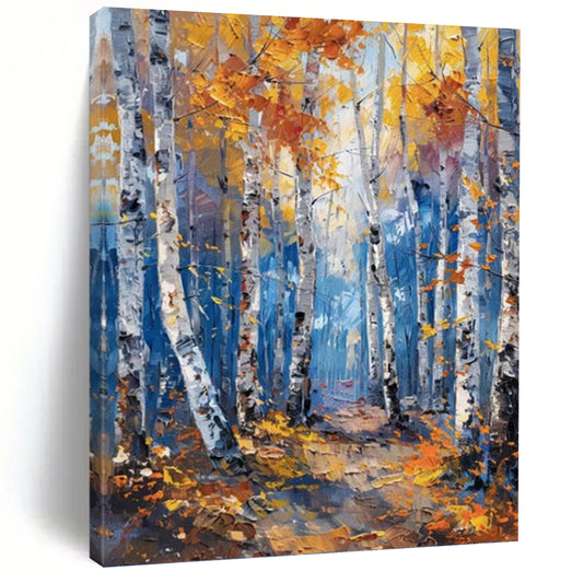 Autumn Birch Forest in Gold and Blue - Landscape Painting On Canvas DKH1406