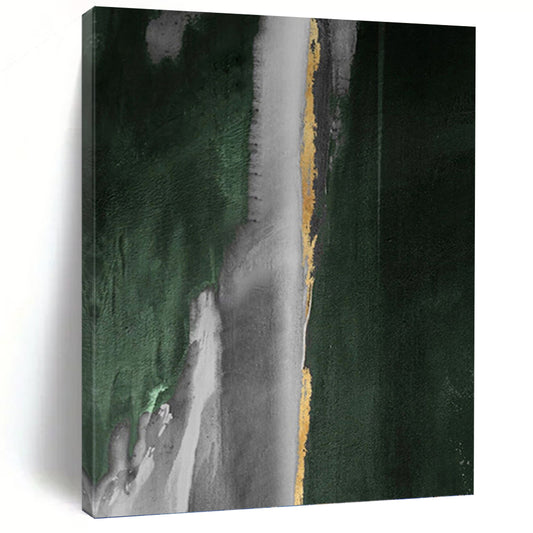“Green, Gray & Gold Abstract Drips” - Green, Gray, Gold & Black Abstract Painting On Canvas DKH1203