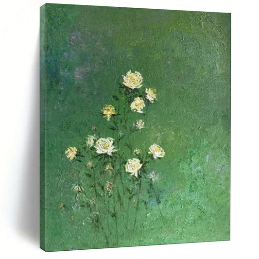 “Yellow Flowers on Green Background” - Impressionistic Floral Oil Painting CT1978