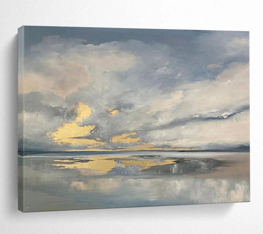 “Cloudy Sky Reflections” - Gray, Gold & Blue Atmospheric Landscape Painting On Canvas DLZ253