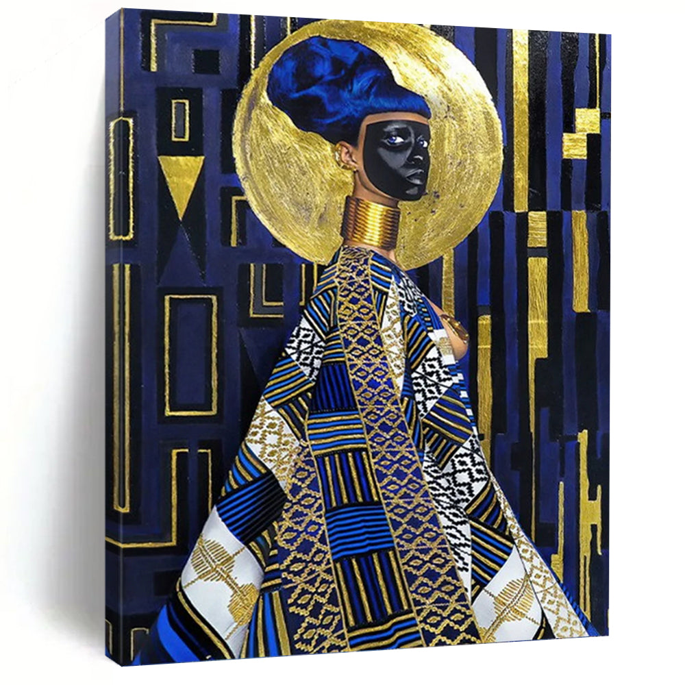 “Regal Blue & Gold Figure” - Afro - Centric Inspired Portrait Painting On Canvas DKH1624