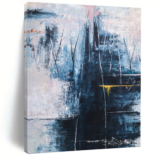 “Blue - Dominant Abstract with Textured Layers and Yellow Accent” - Moody Abstract Painting On Canvas DKH1111