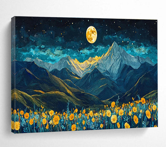 “Moonlit Peaks & Blooms” - Blue, Yellow, Gold Landscape Fantasy Painting On Canvas DKH694