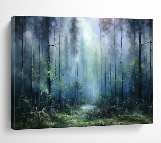 “Misty Forest Path - Cool Blue & Green Landscape Painting On Canvas” DKH869