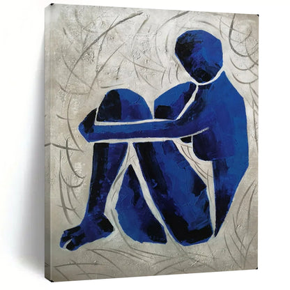 “Blue Contemplative Figure” – Expressionistic Oil Painting On Canvas CT2166