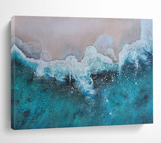 “Blue, White, Textured Shoreline ‘Aerial Beach View’” - Textured Seascape Painting On Canvas DLZ040