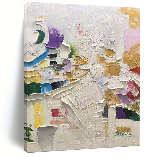 “Vibrant Impasto Mosaic” - White, Gold, Purple, Blue & Red Lively Textured Painting On Canvas DKH1035